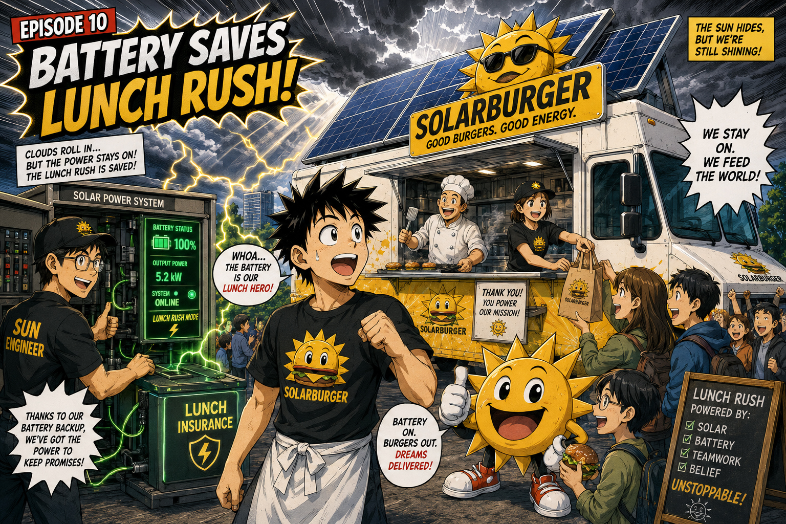 Manga panel of the Solarburger battery system glowing as it keeps the truck running during cloud cover.