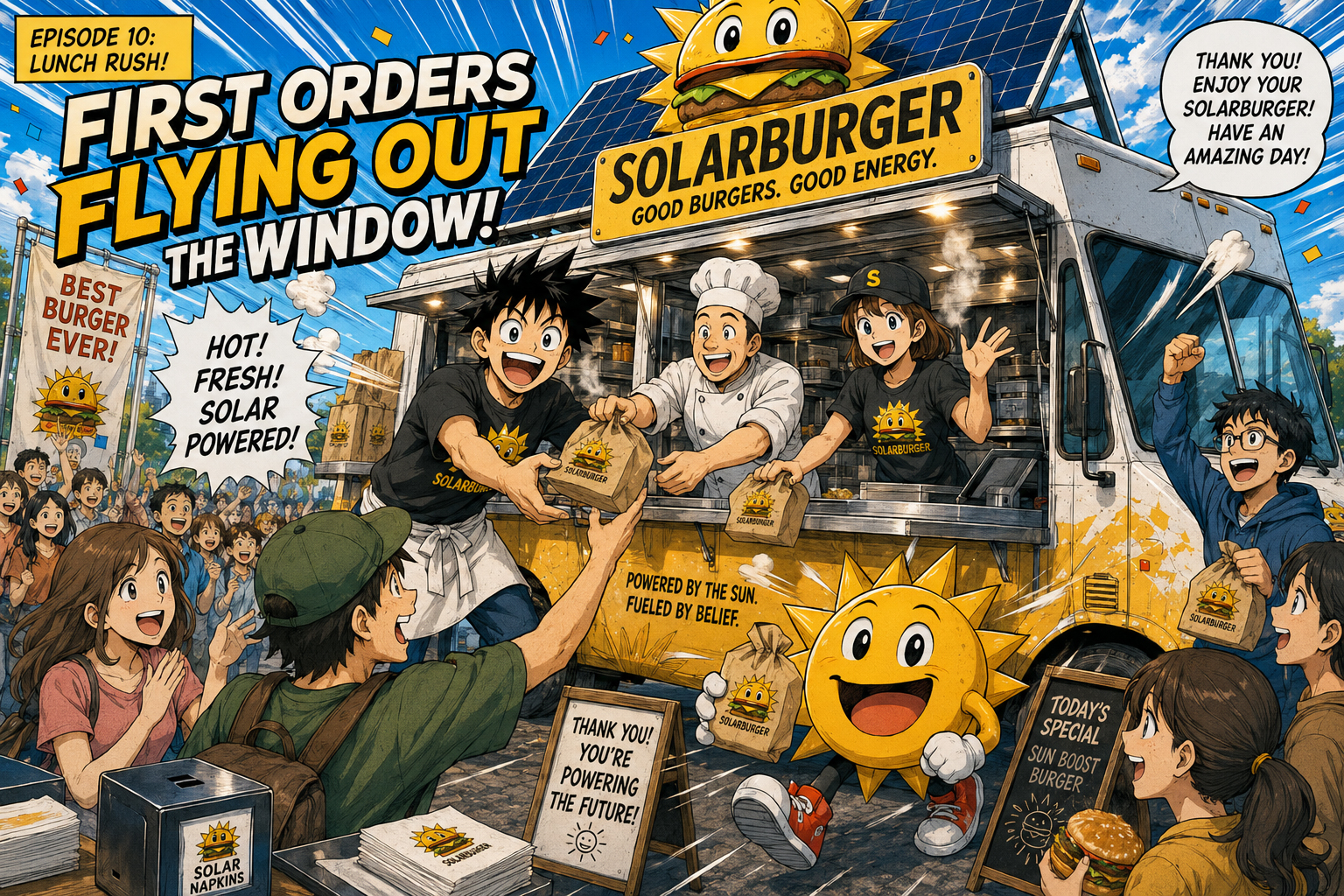 Manga panel of Solarburger orders flying out the food truck window during the grand opening rush.