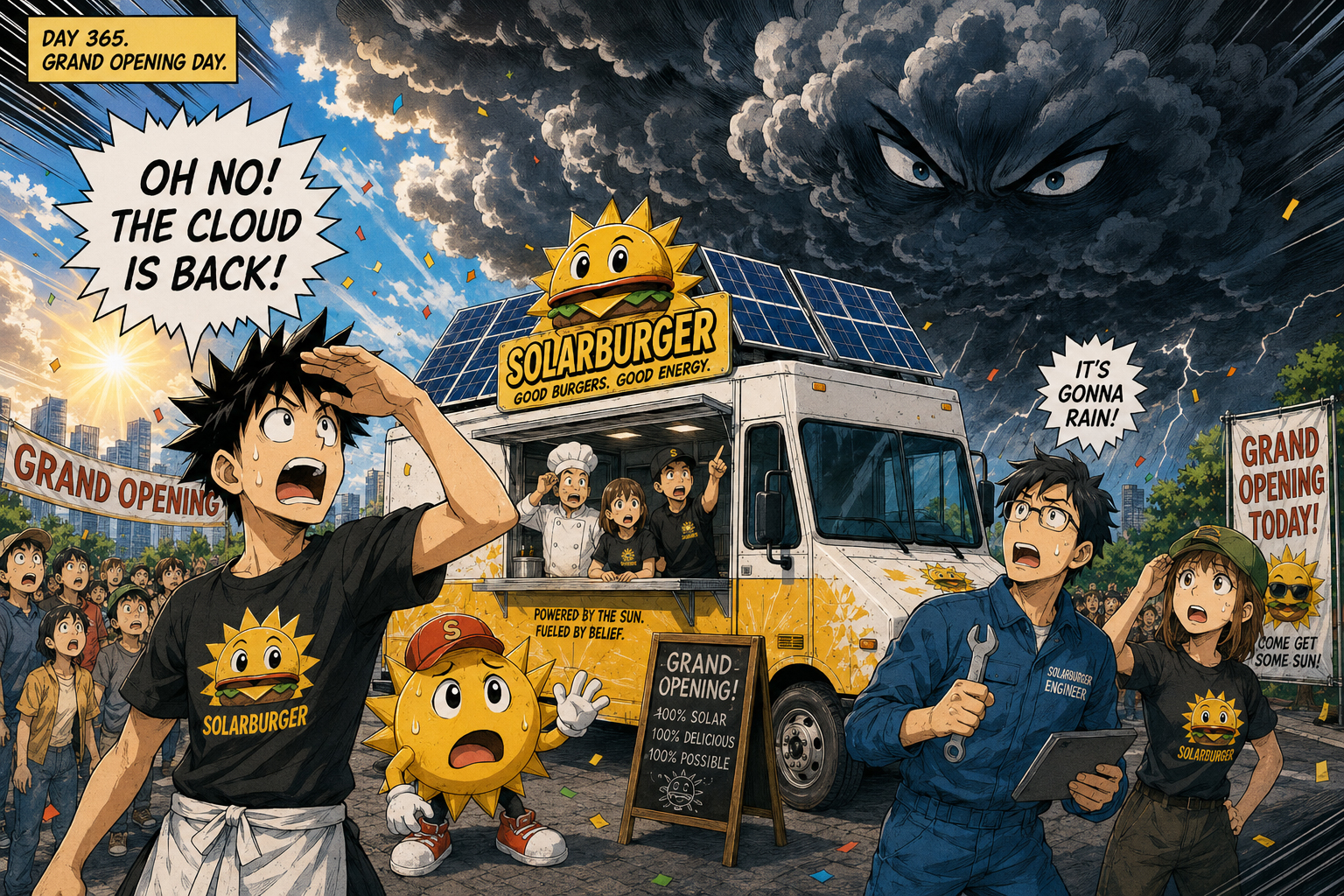 Manga panel of a huge dramatic cloud covering the sun above the Solarburger grand opening crowd.