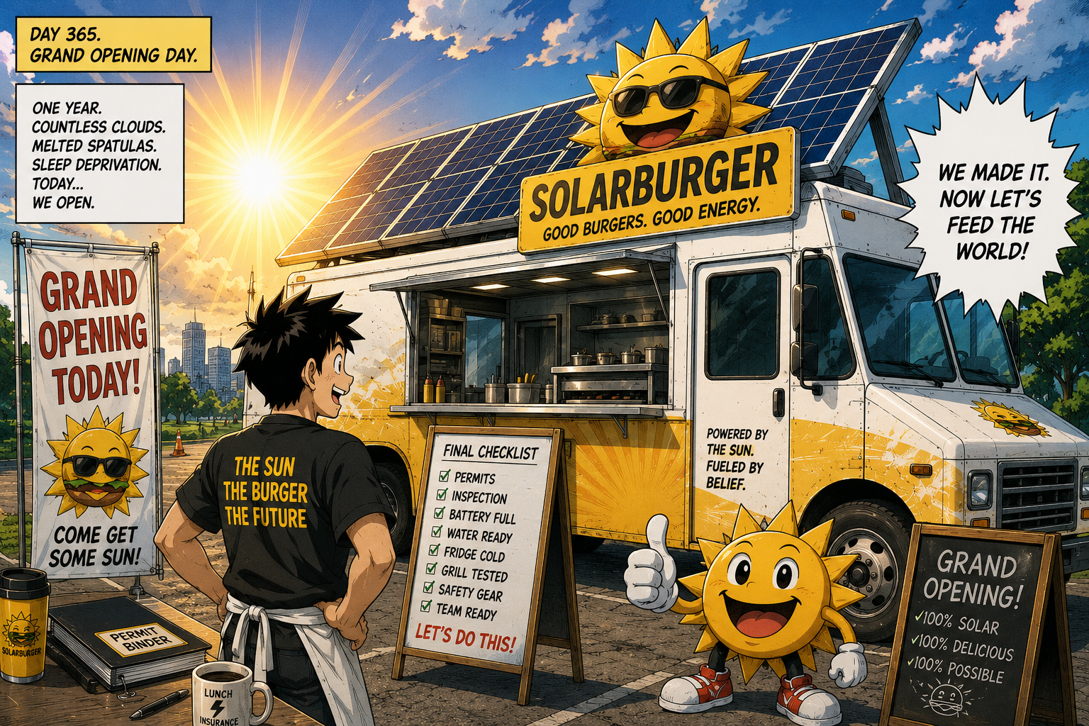Manga panel of the Solarburger food truck polished and ready at sunrise on grand opening day.