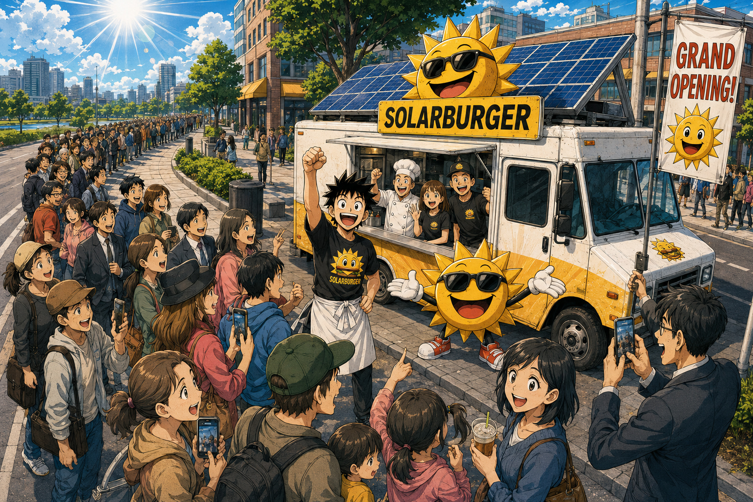 Manga panel of a long line of customers wrapping around the block at the Solarburger grand opening.