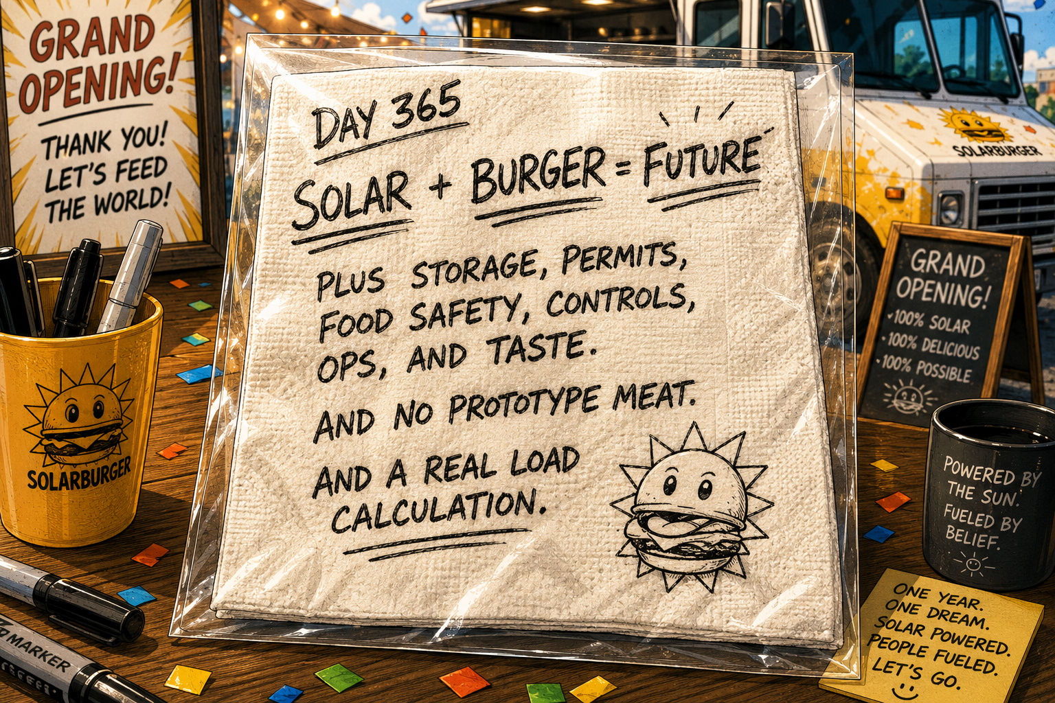 Manga close-up of the original Solarburger napkin business plan updated with storage, permits, food safety, controls, operations, and taste.