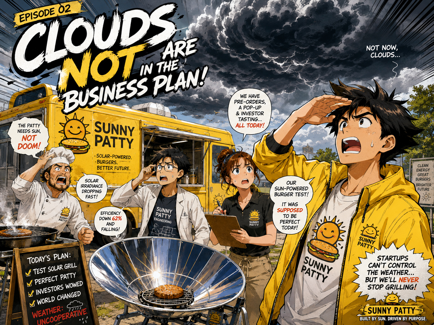 Manga-style Solarburger scene with the team testing a solar burger grill while a suspicious cloud drifts toward the sun.