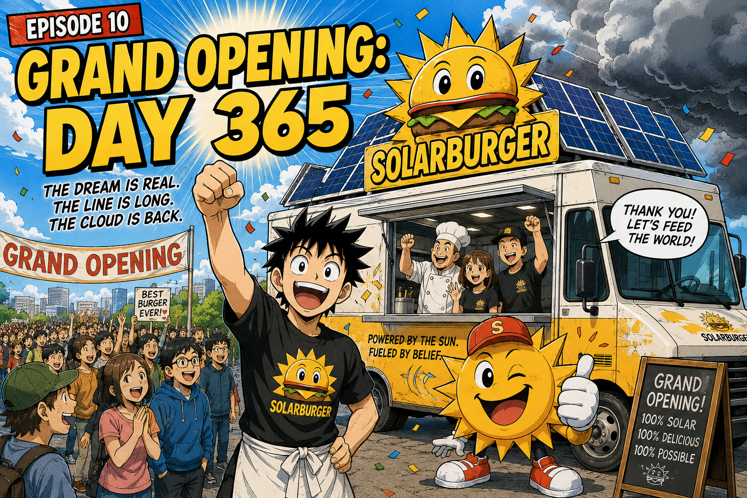 Manga-style Solarburger grand opening scene with a crowd outside the first Solarburger, solar panels, Sunny Patty signage, and a huge cloud approaching.