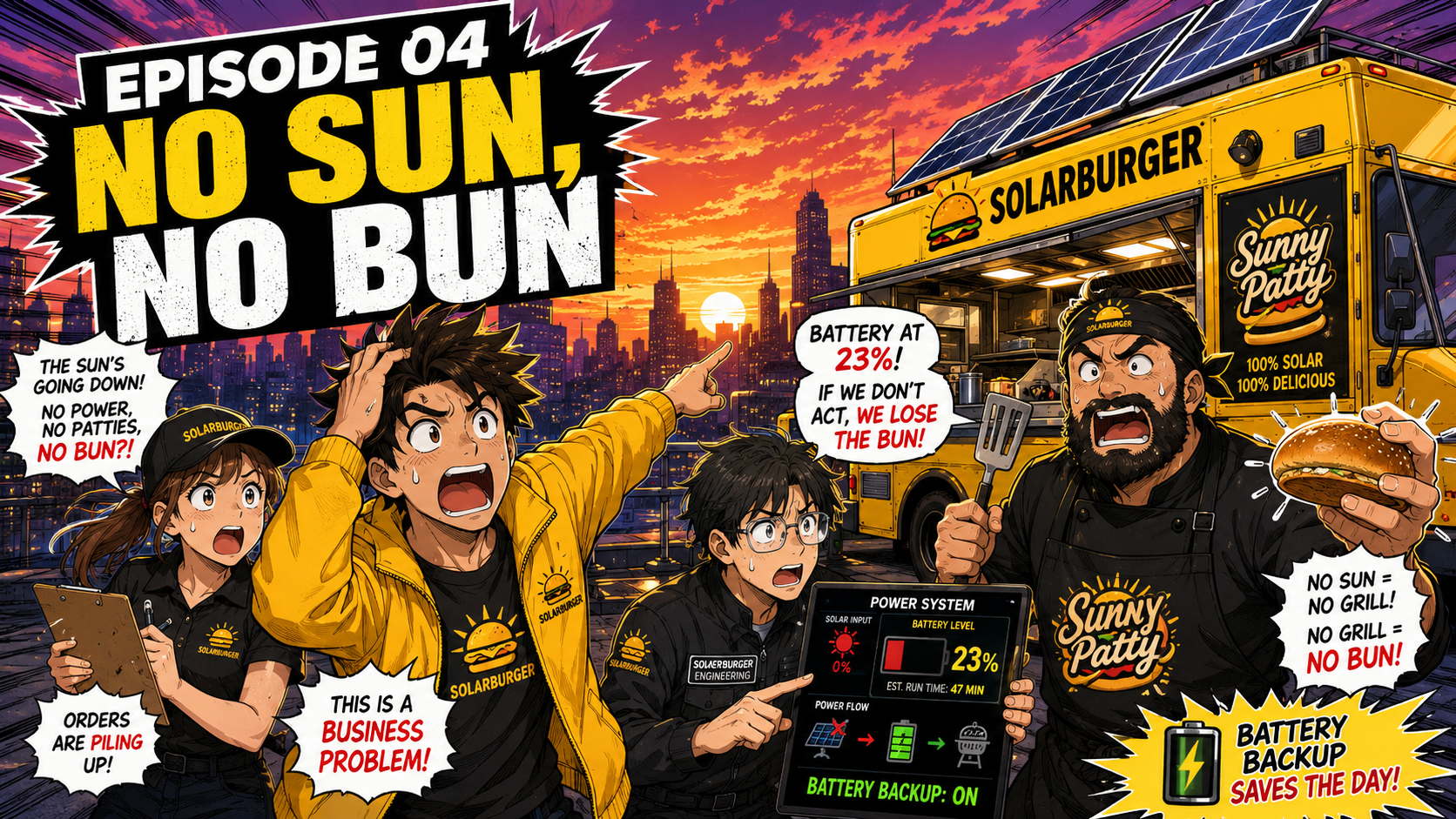 Manga-style Solarburger scene at sunset with the team staring at a darkening solar grill while a customer asks for dinner.