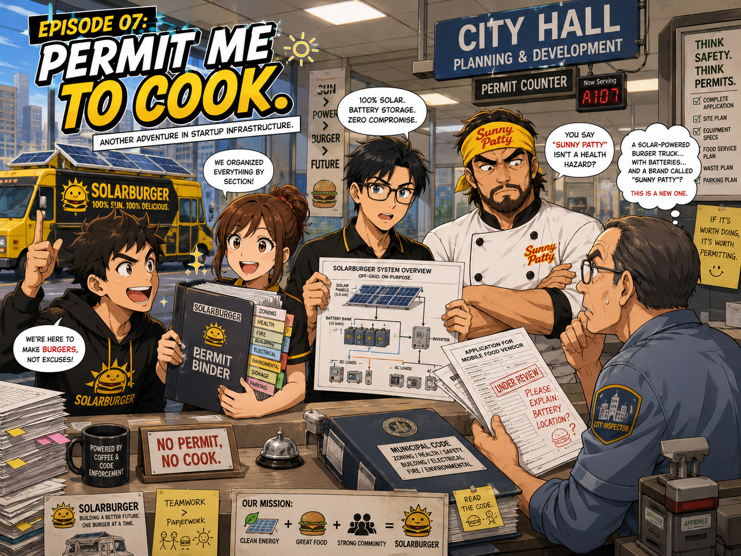 Manga-style Solarburger scene with the team at a City Hall permit counter while an inspector examines solar panels, batteries, burgers, and paperwork.