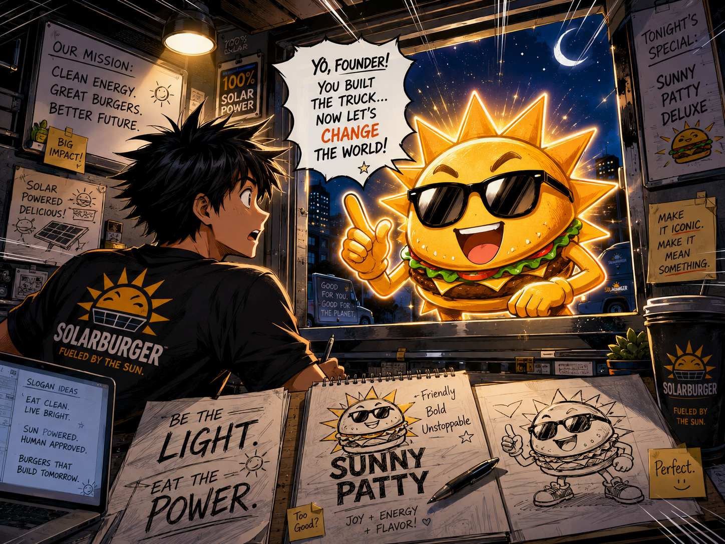 Manga-style Solarburger scene showing Sunny Patty, the sun-burger mascot, glowing and speaking to the exhausted founder inside the food truck at night.