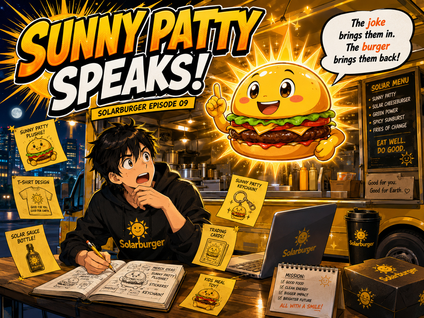 Sunny Patty mascot speaking dramatically in a Solarburger manga scene