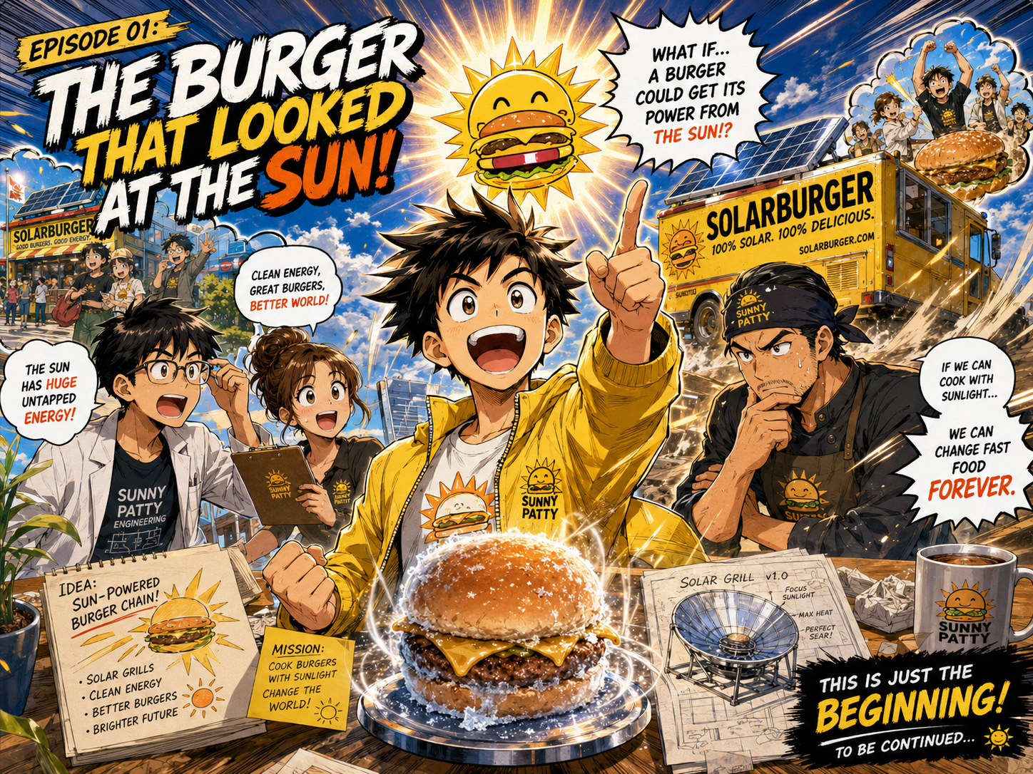 Manga-style hero image of the Solarburger founder holding a cold burger under a blazing sun while a dangerous business idea forms.