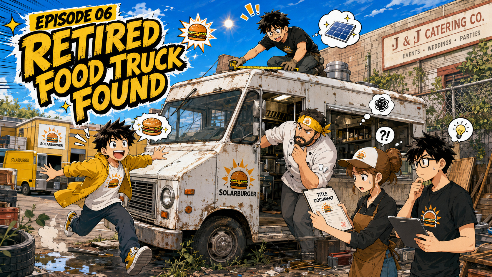 Manga-style Solarburger scene showing the first solar-powered food truck with roof panels, giant Sunny Patty branding, batteries, burgers, and a frantic startup team.