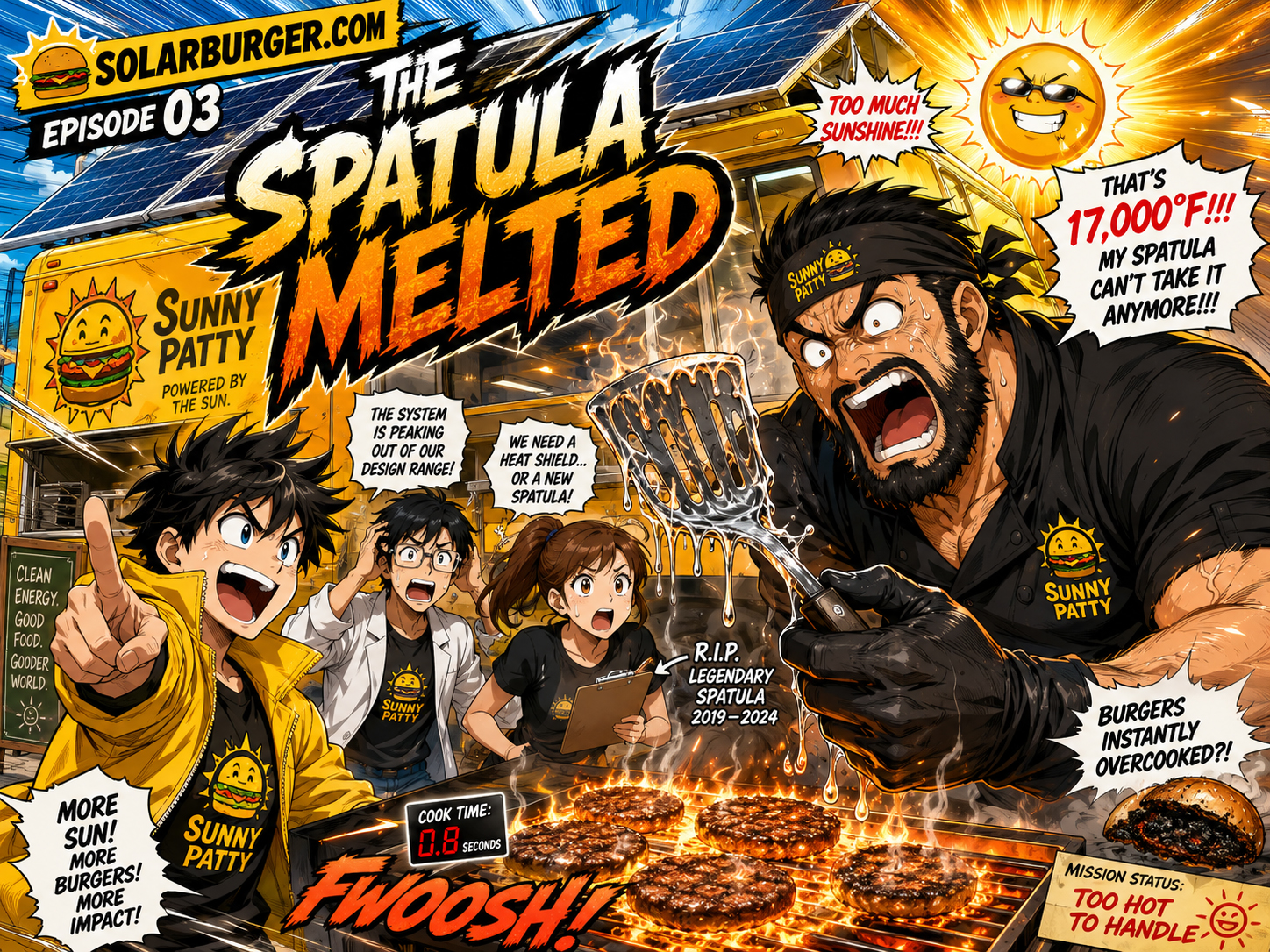 Manga-style Solarburger scene showing a shocked chef holding a melted spatula beside an overpowered solar grill.