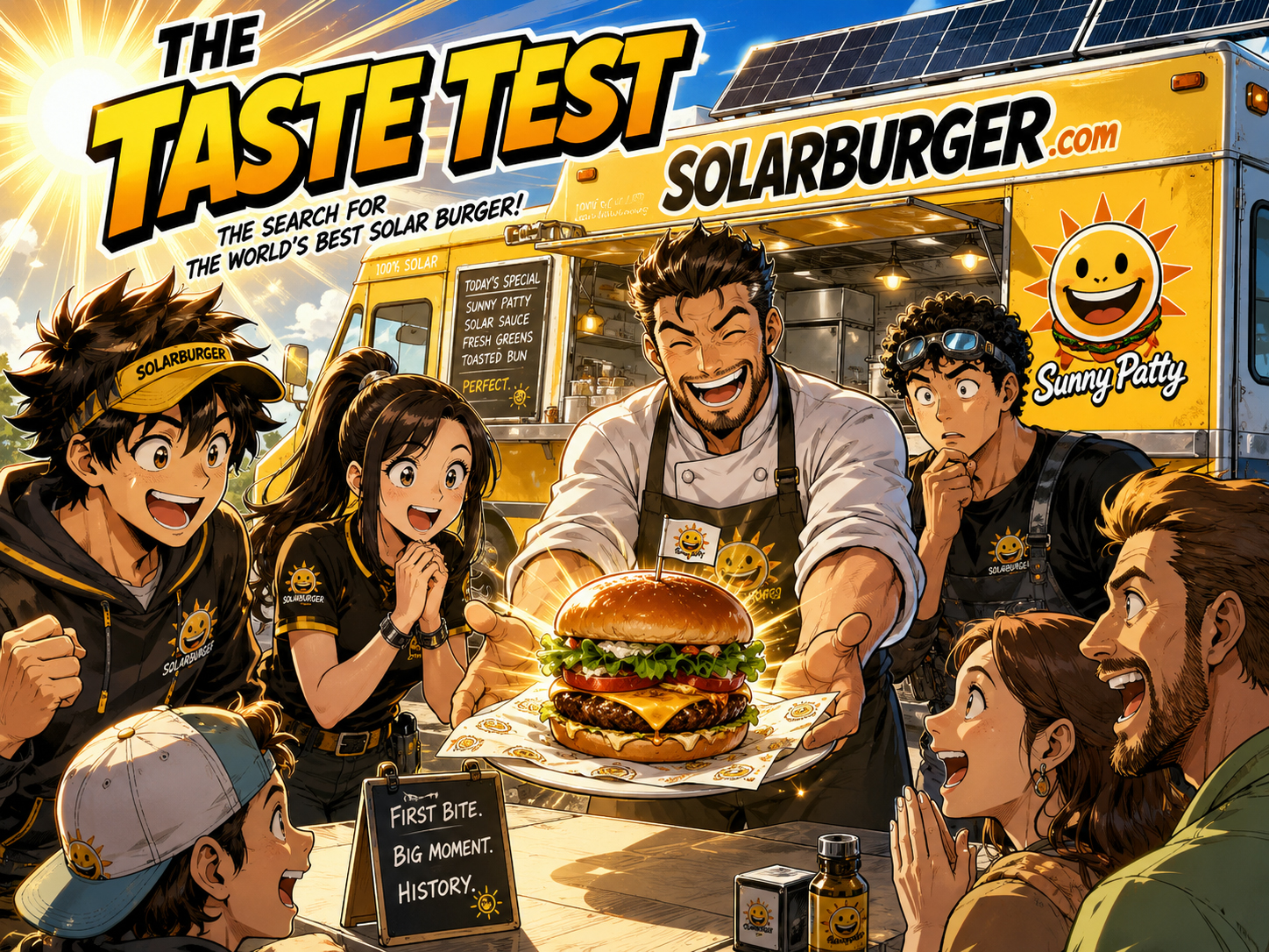 Manga-style Solarburger scene showing the chef presenting the first perfect solar burger while the team and customers wait for the taste test.