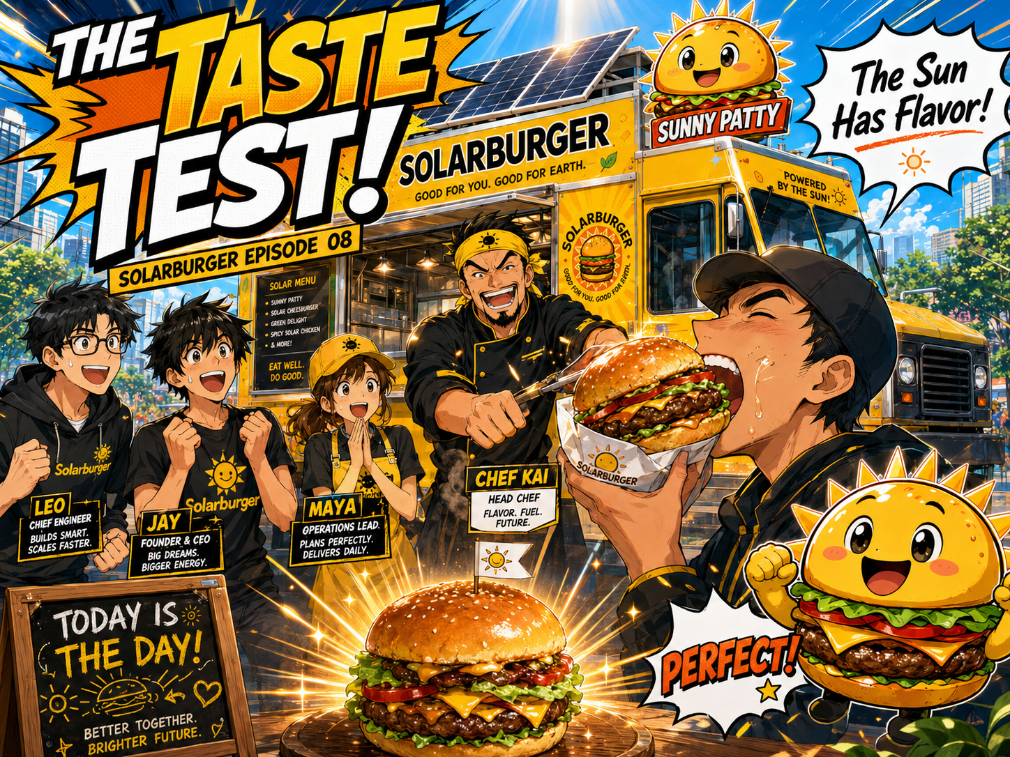 Solarburger manga episode showing the team testing the first solar-cooked burger