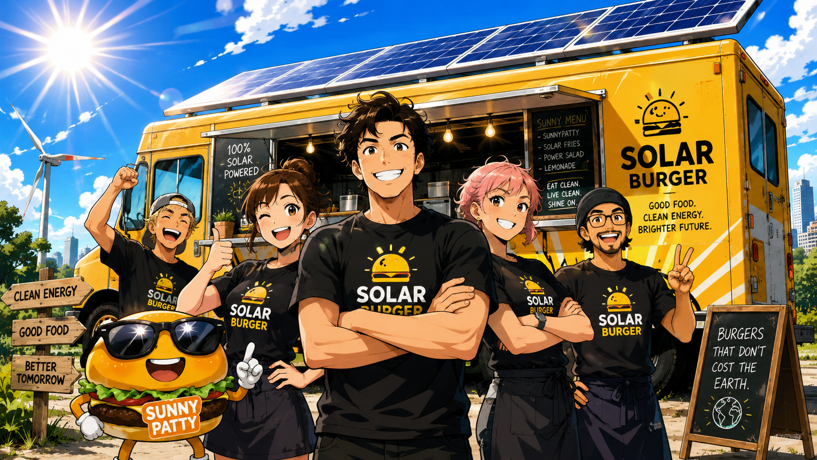 Manga-style Solarburger about page hero showing a solar-powered burger startup team, solar panels, burgers, and a cheerful sun mascot.