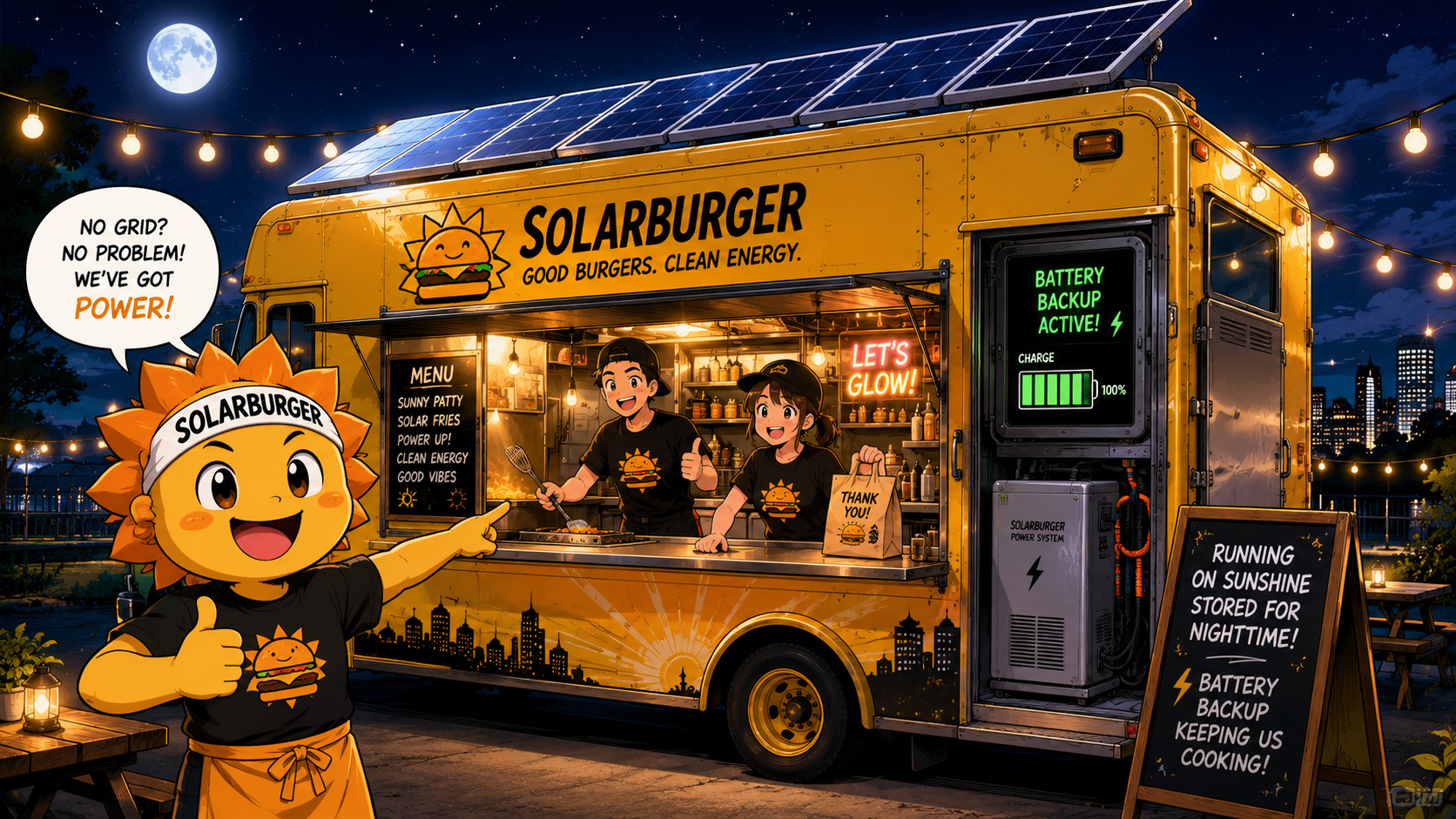 Manga scene of Solarburger running at night with battery backup and glowing lights.
