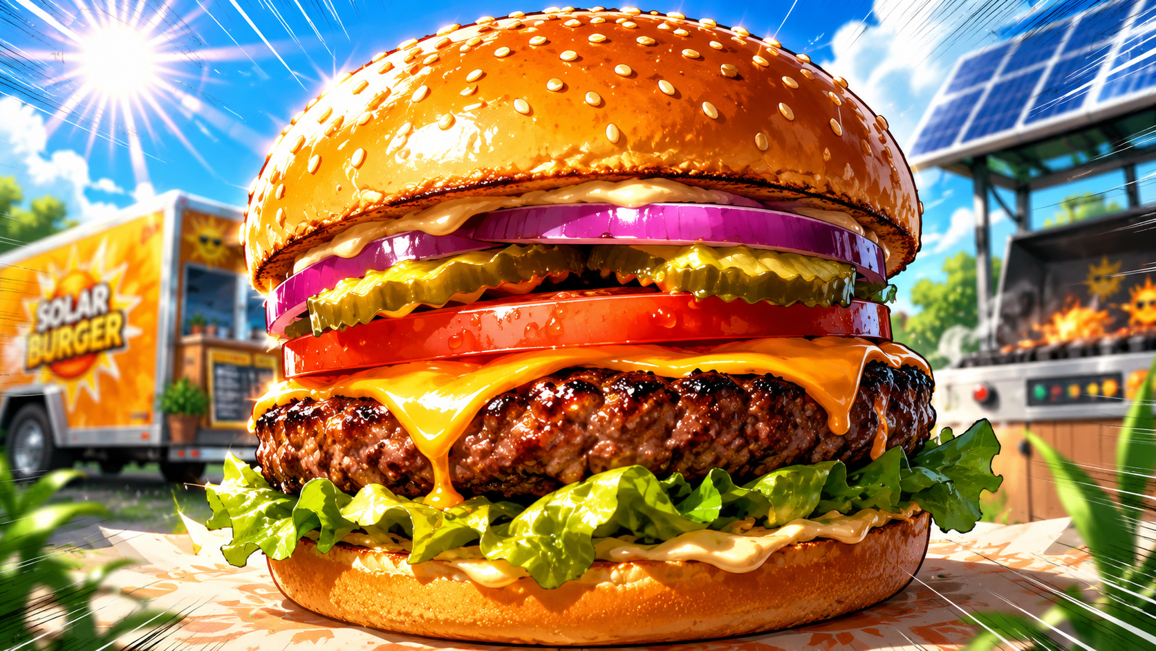 Manga close-up of a hot Solarburger with melted cheese and sunlight.