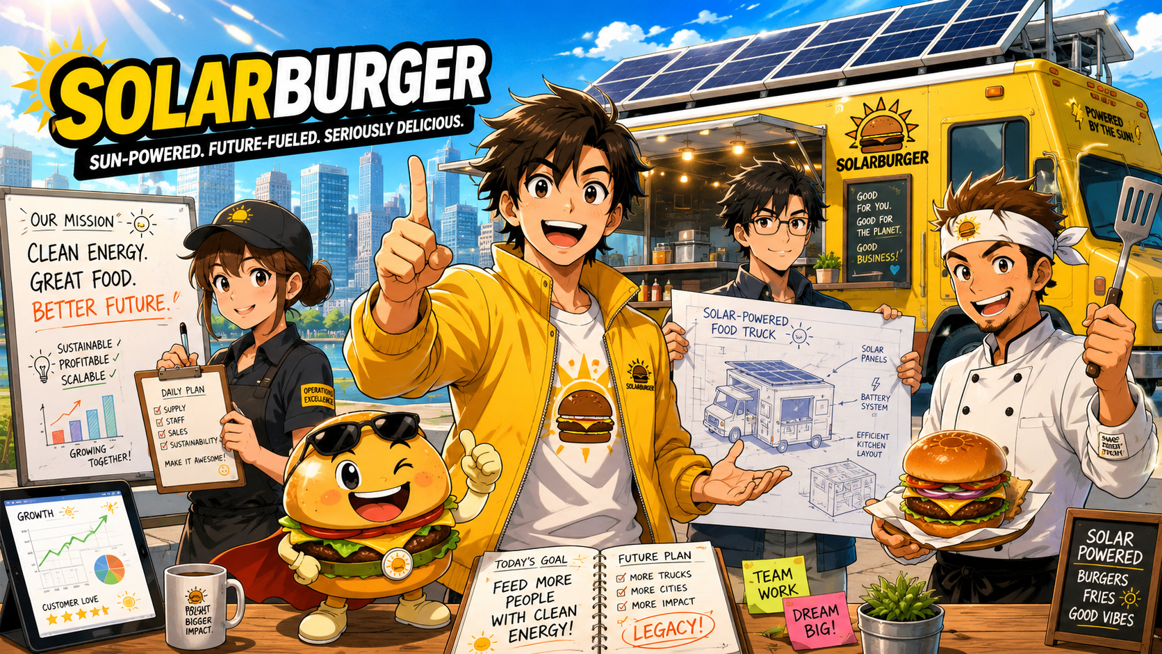 Manga-style Solarburger business scene showing a startup team pitching a solar-powered burger chain to investors with solar panels, burgers, charts, and comic panic.