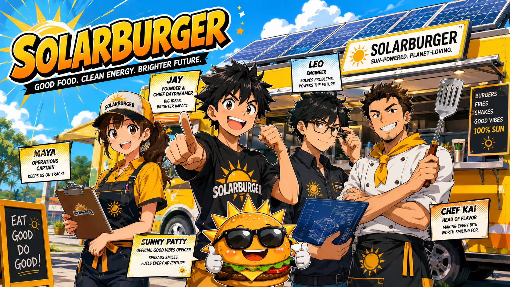 Manga-style Solarburger character lineup with the founder, engineer, operator, chef, mascot, and excited customers.
