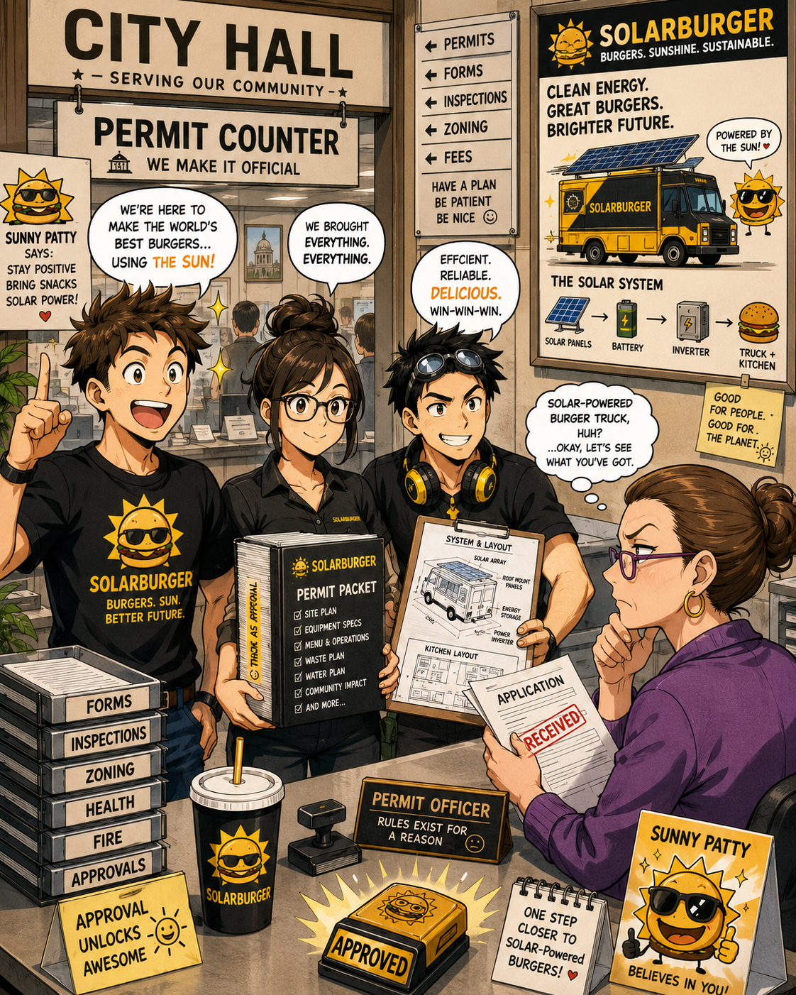 Manga city hall permit counter with confused inspectors reviewing a solar burger application.