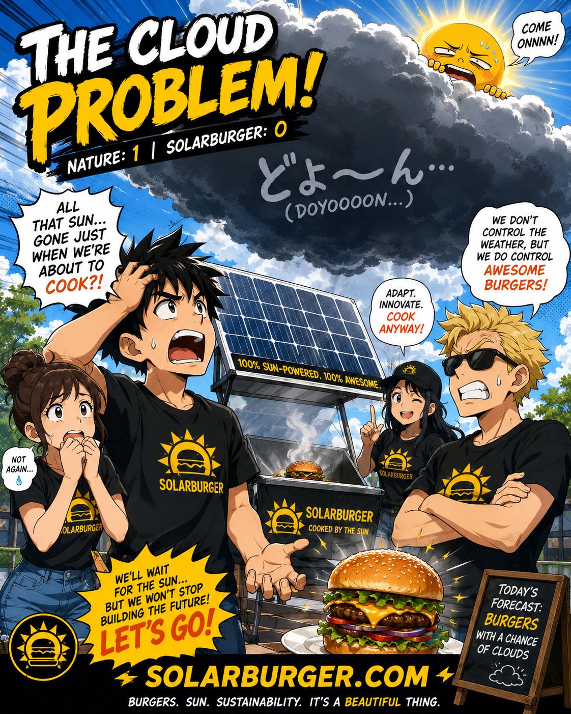 Manga cloud casting a shadow over a solar grill while the team panics.