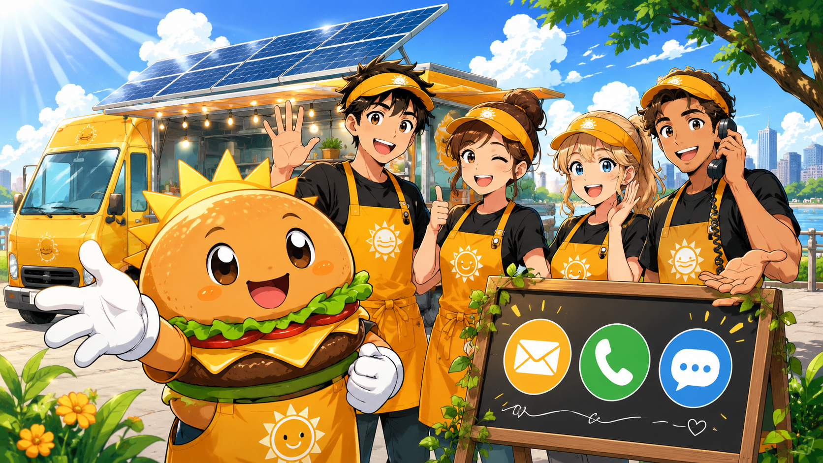 Manga-style Solarburger contact scene with the startup team answering phones, emails, and burger questions beside solar panels.