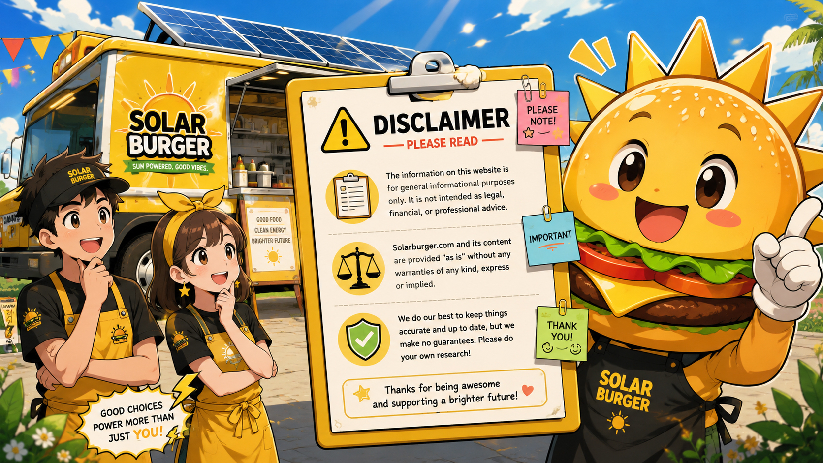 Manga-style Solarburger disclaimer scene with the team holding warning signs beside a solar grill, burger, and Sunny Patty mascot.