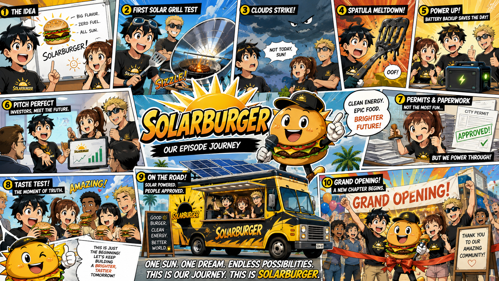 Manga-style Solarburger episode poster showing a solar-powered burger startup team, comic panels, and burgers cooking in sunlight.