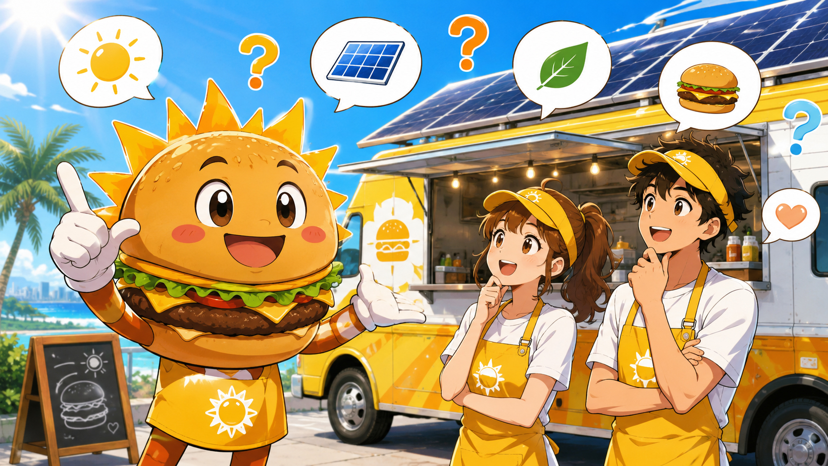 Manga-style Solarburger FAQ scene with the team answering customer questions about solar burgers, clouds, batteries, and food trucks.
