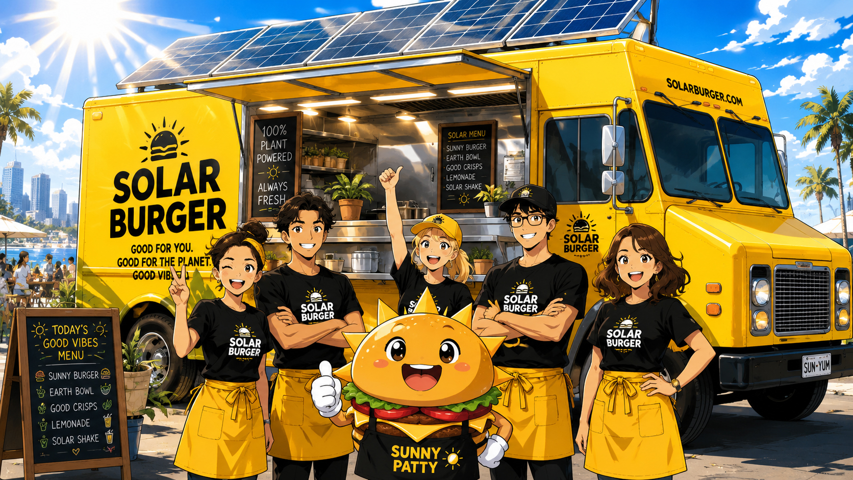Manga-style Solarburger food truck with solar panels, a bright sun, customers in line, and the startup team scrambling to serve burgers.