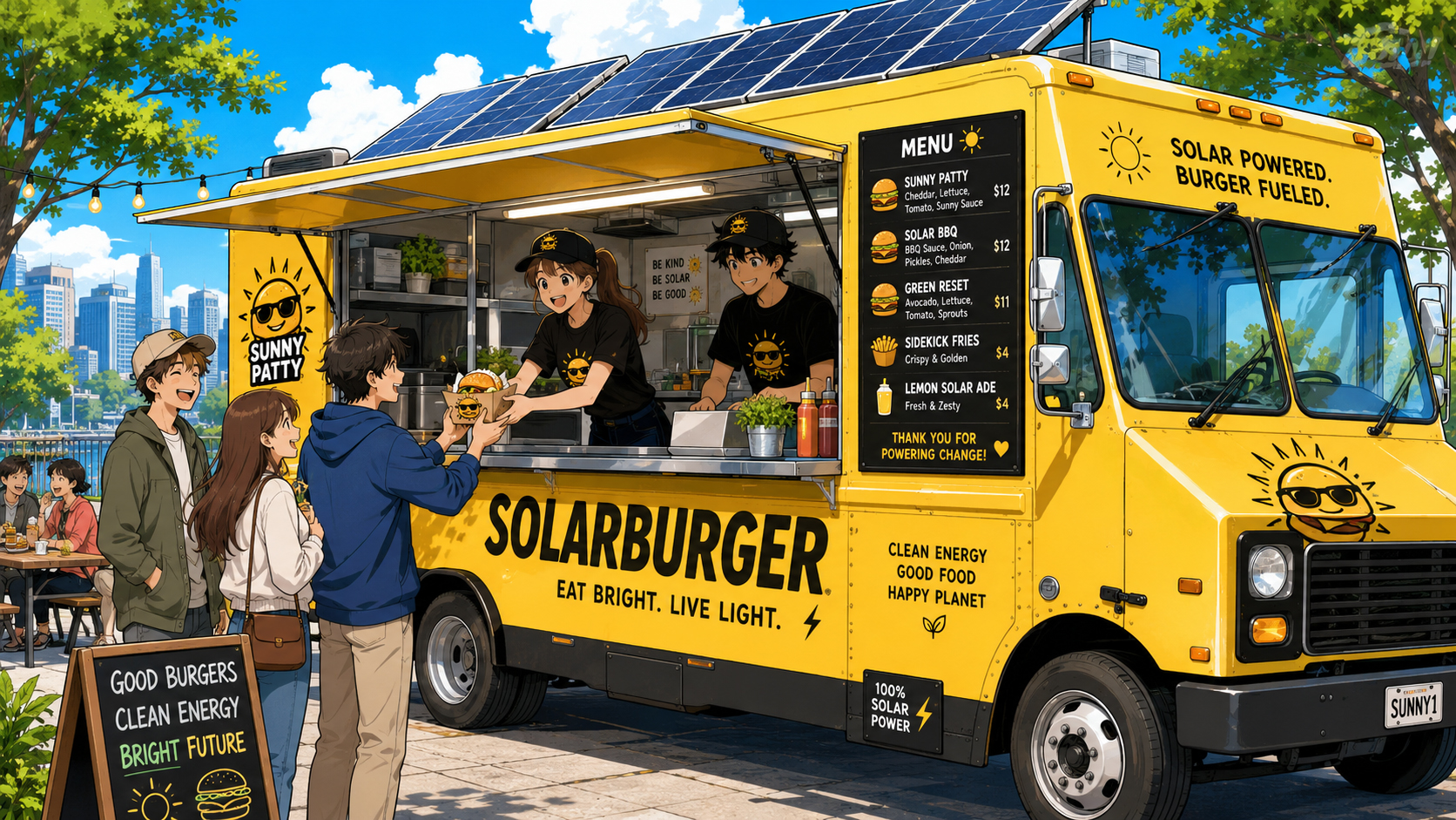 Manga Solarburger food truck with solar panels on the roof and customers waiting in line.
