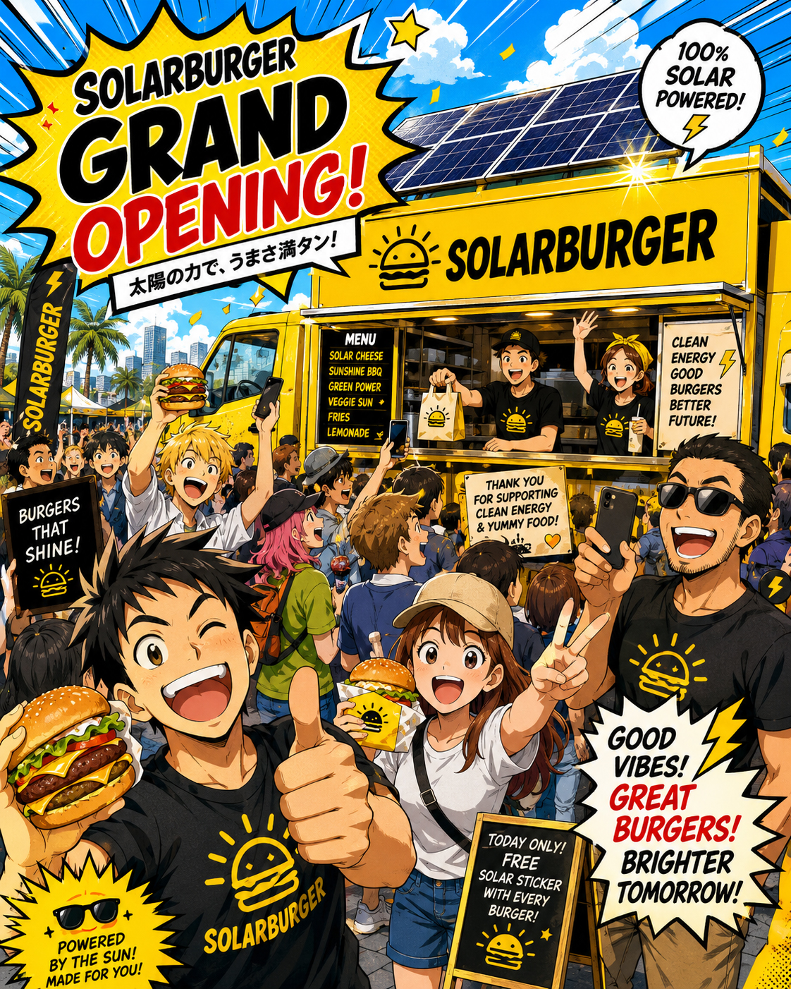 Manga crowd at the Solarburger grand opening cheering outside the restaurant.