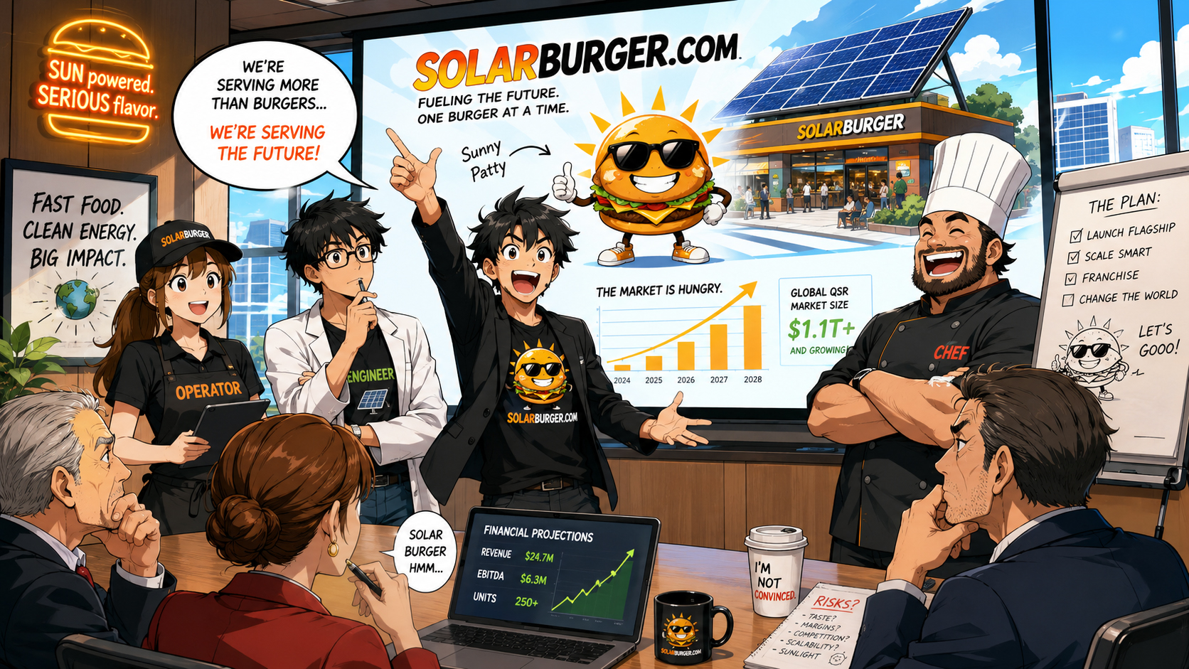 Manga investors reacting to a Solarburger pitch deck full of solar panels, burgers, and financial charts.