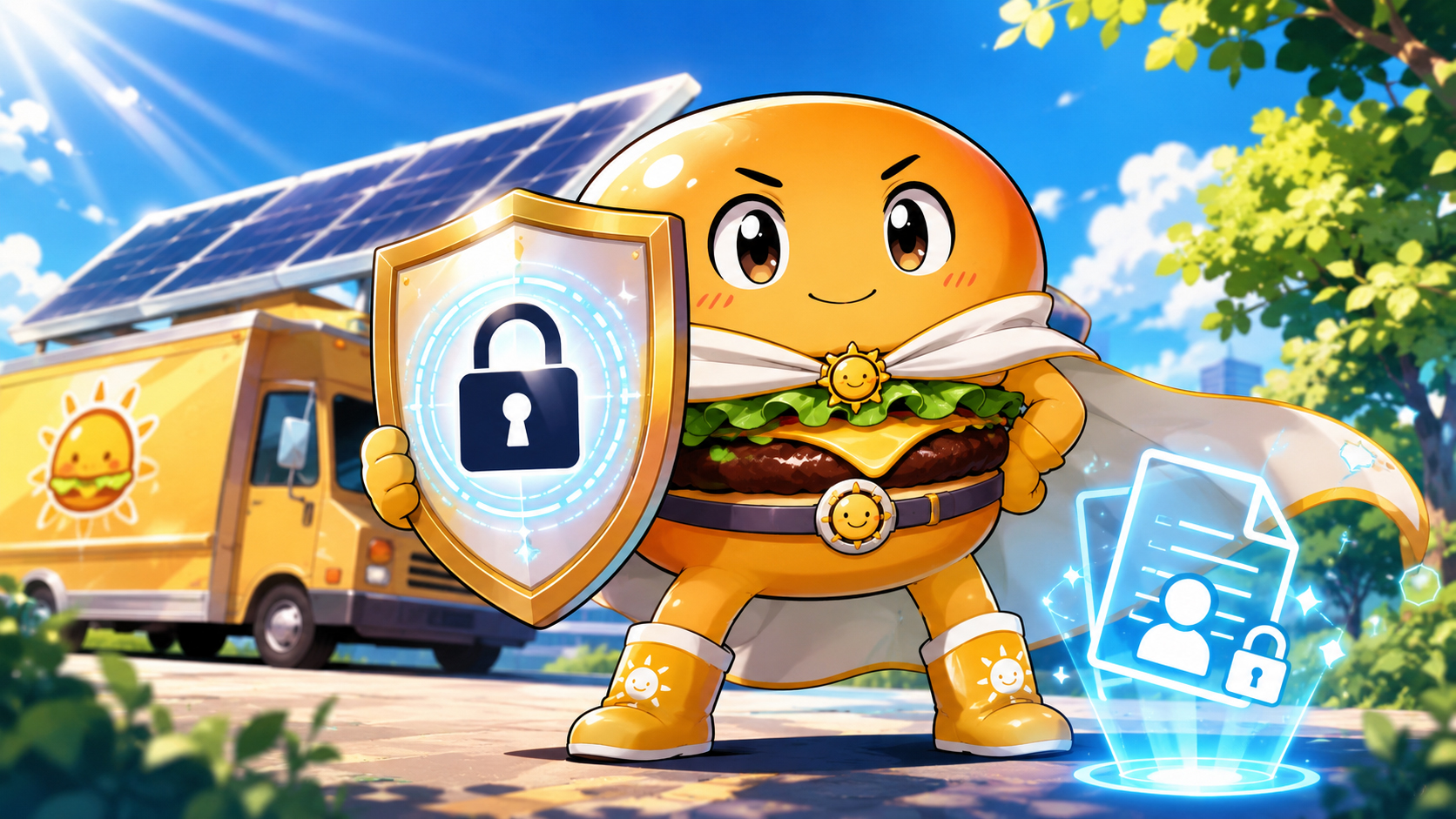 Manga-style Solarburger privacy scene with the startup team protecting customer information, emails, and Sunny Patty paperwork.
