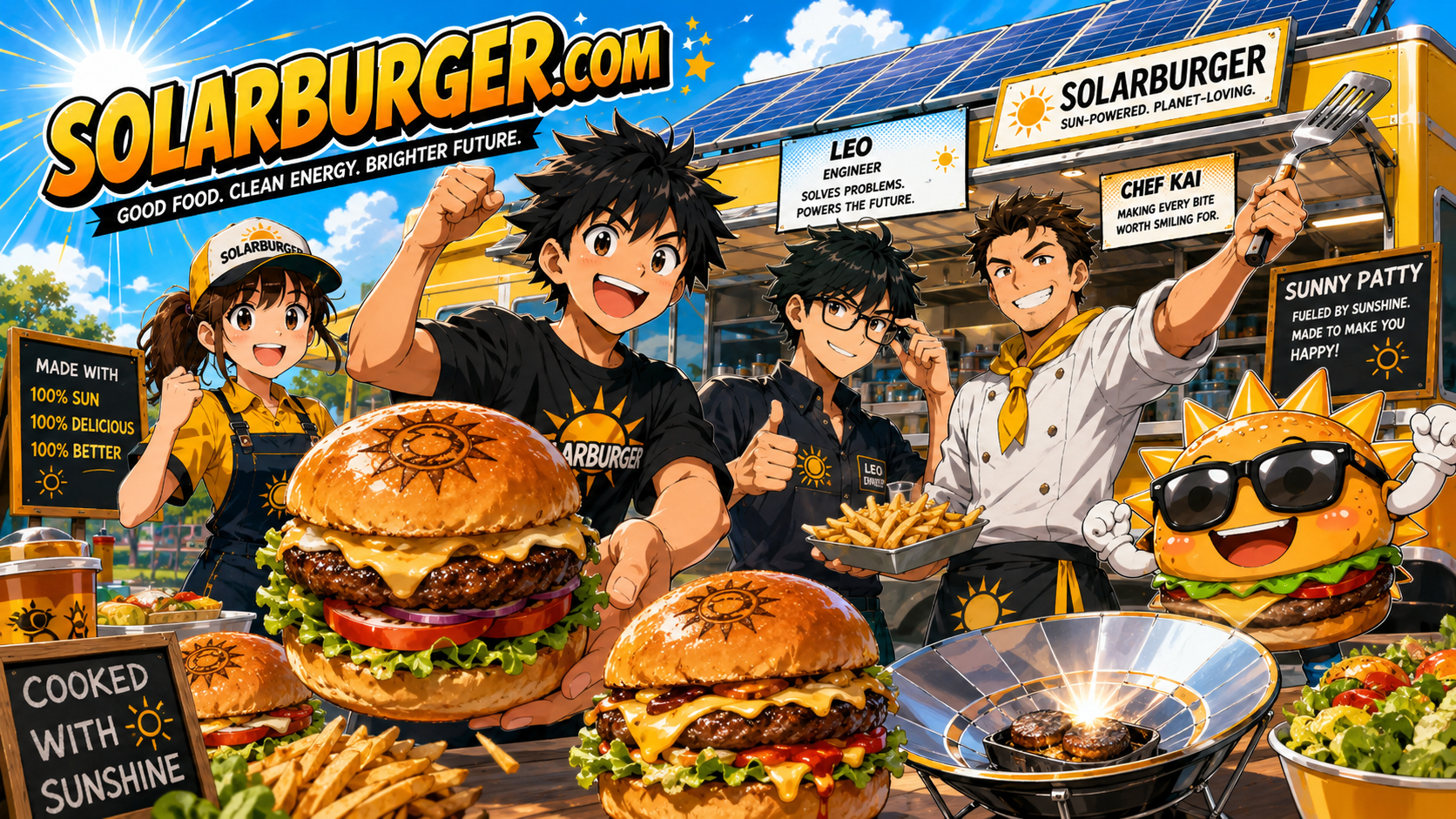 Manga-style Solarburger scene showing a burger cooking with solar power, bright sunlight, solar panels, and a startup team cheering.