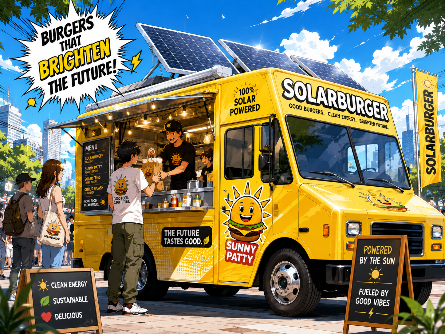 Solarburger manga-style solar food truck with startup team, burgers, solar panels, and comic energy