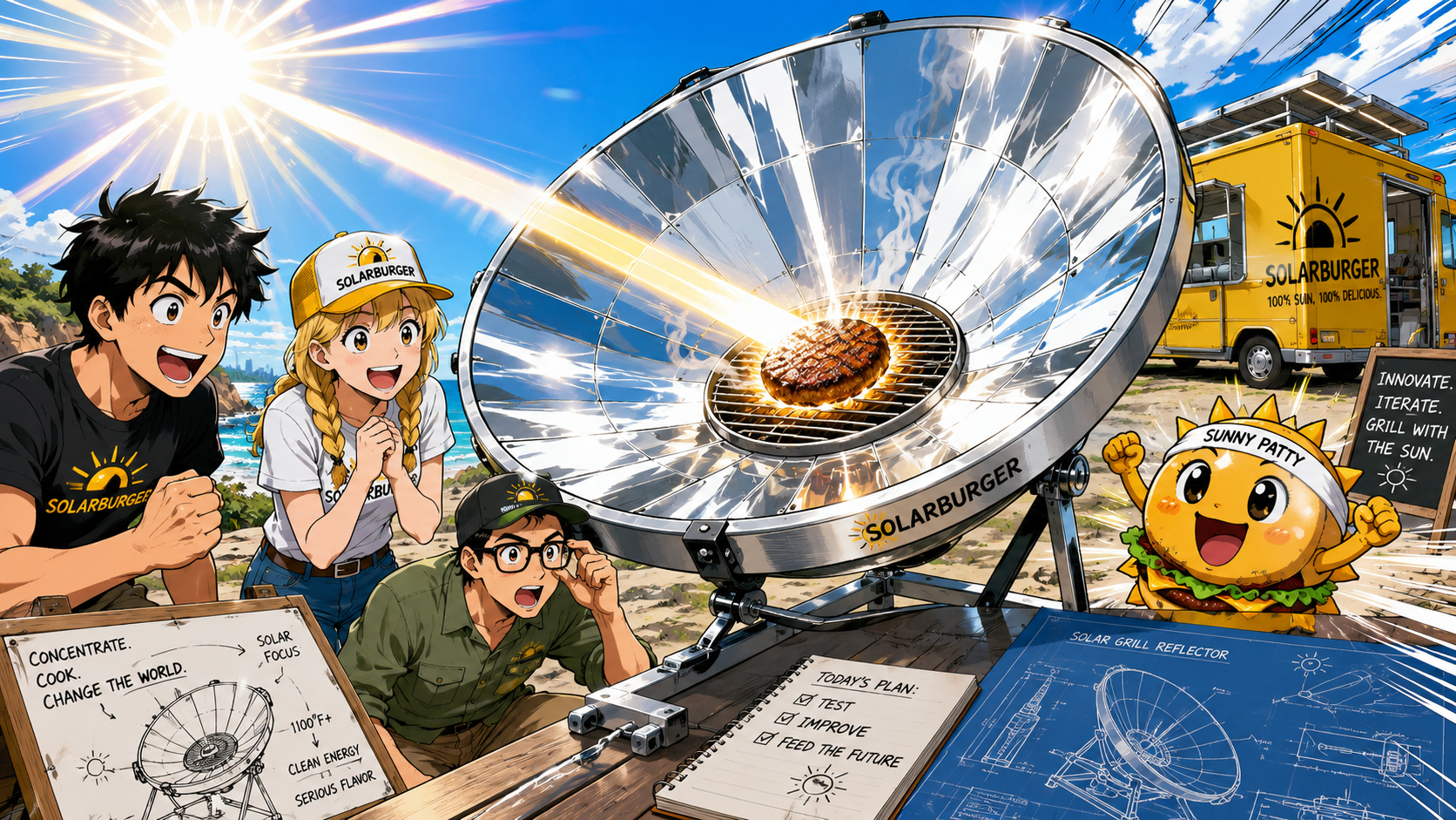 Manga solar grill reflector focusing sunlight toward a burger cooking surface.