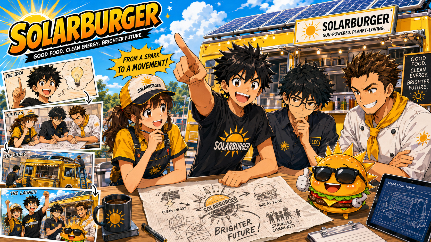 Manga-style Solarburger story scene showing the founder sketching a sun-powered burger business plan while the team reacts with excitement and panic.