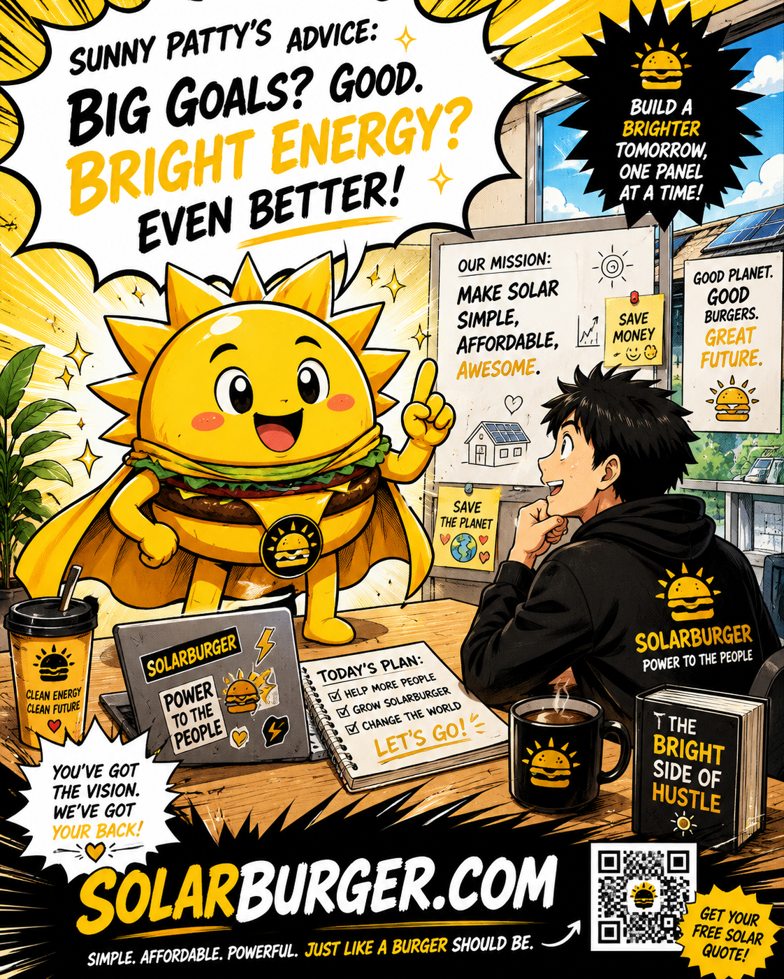 Sunny Patty giving questionable Solarburger business advice in manga style