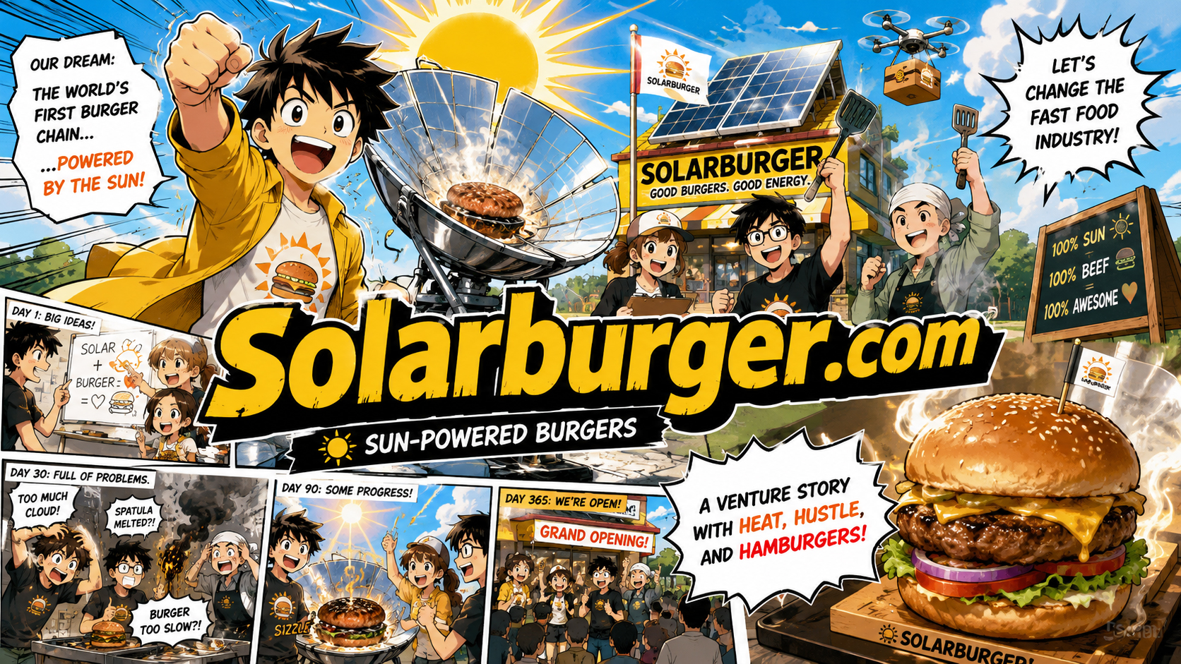 Solarburger.com manga-style poster showing a startup team building a sun-powered burger chain with solar panels, solar cooking, and comic chaos.